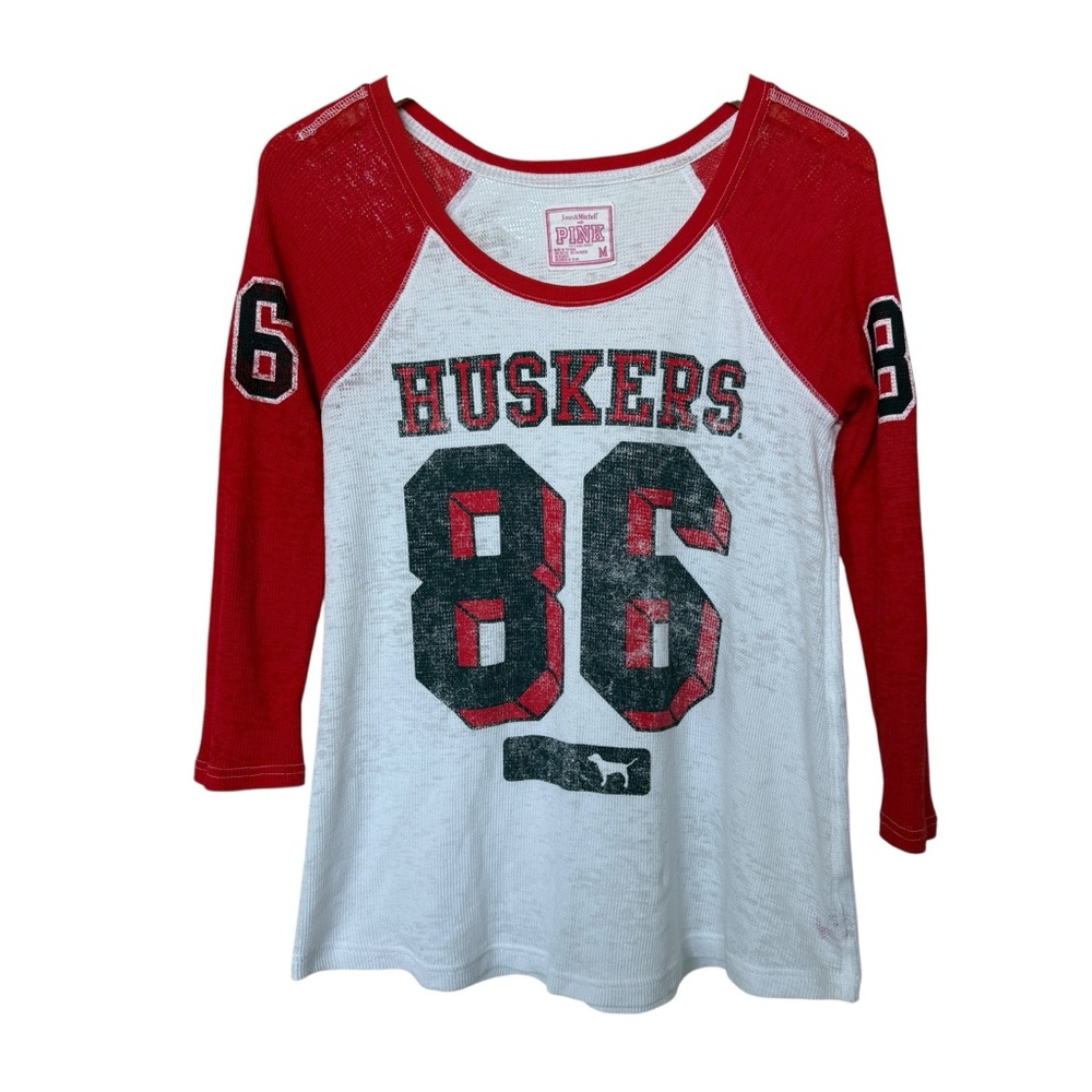 PINK Victoria's Secret Nebraska Huskers Red and White 3/4 Long Sleeve Tee